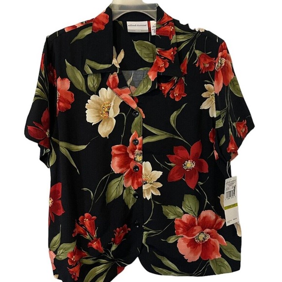 Alfred Dunner Tops - Alfred Dunner Top Blouse Shirt Womens Size 14P Black Floral Short Sleeve NWT